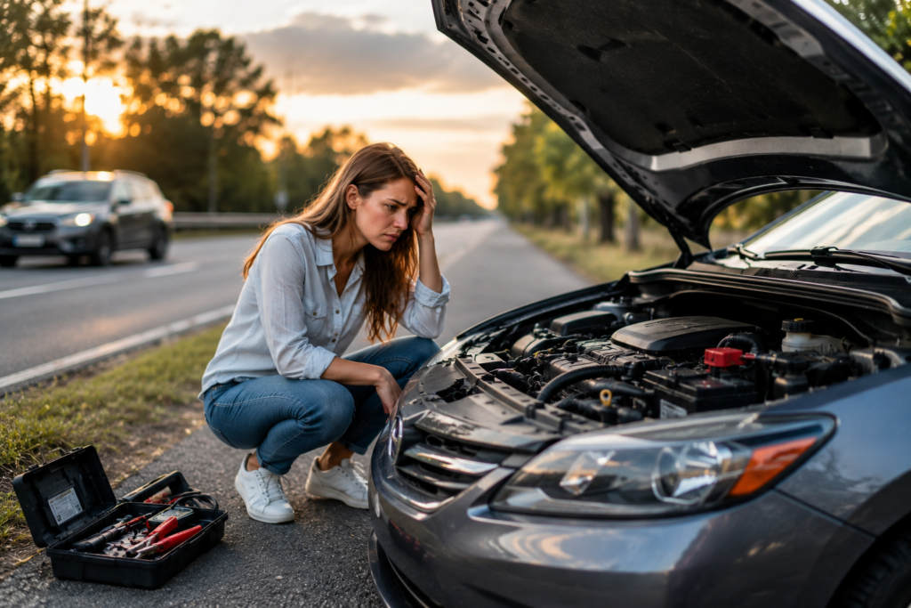Car breakdown at sunset roadside